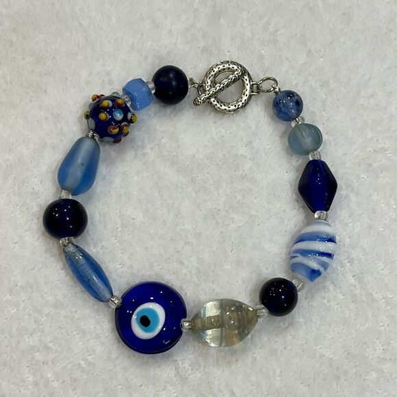 Art Glass Bead Bracelet Blue Dark Blue Evil Eye Boho Handmade Toggle Clasp - Picture 1 of 6